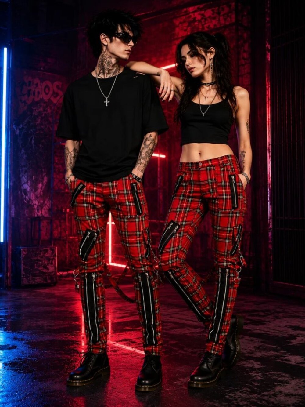 Gothic Bondage Red Straps Men Pant Alternative Punk Rebel Rock Emo Trouser Jeans